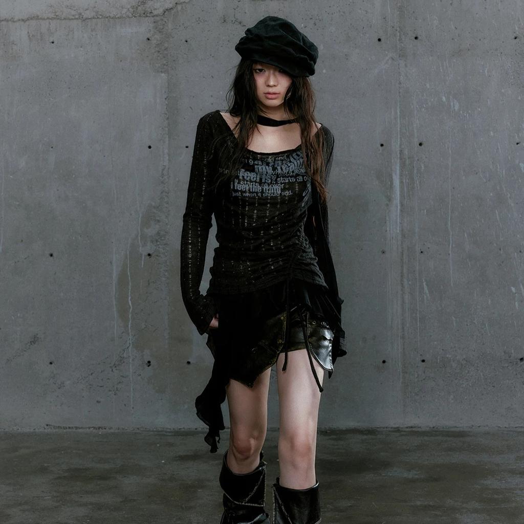 2KWEIRD Grunge Aesthetics Knitted Tops Trashy Y2k Graffiti Print T-shirt Vintage Punk Irregular Patchwork Knitwear High Street