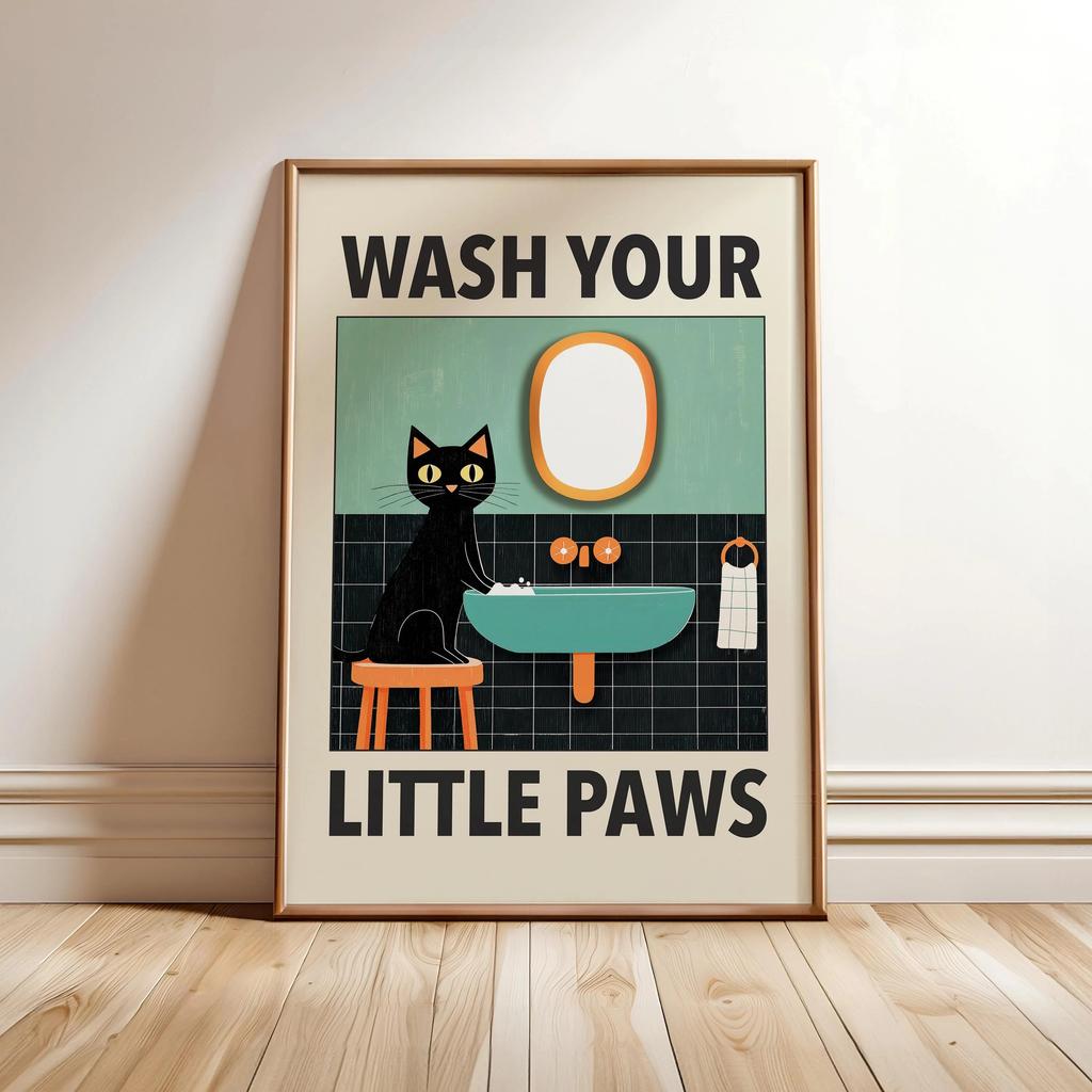 Wash Your Paws Black Cat Canvas Print Bathroom Cat You Pooping Wall Art Poster for Modern Living Room Toilet Kitchen Home Decor