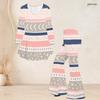 Women Plus Size Round Neck Three Quarter Sleeve Printed Flared Top Flared Pants Two Piece Set