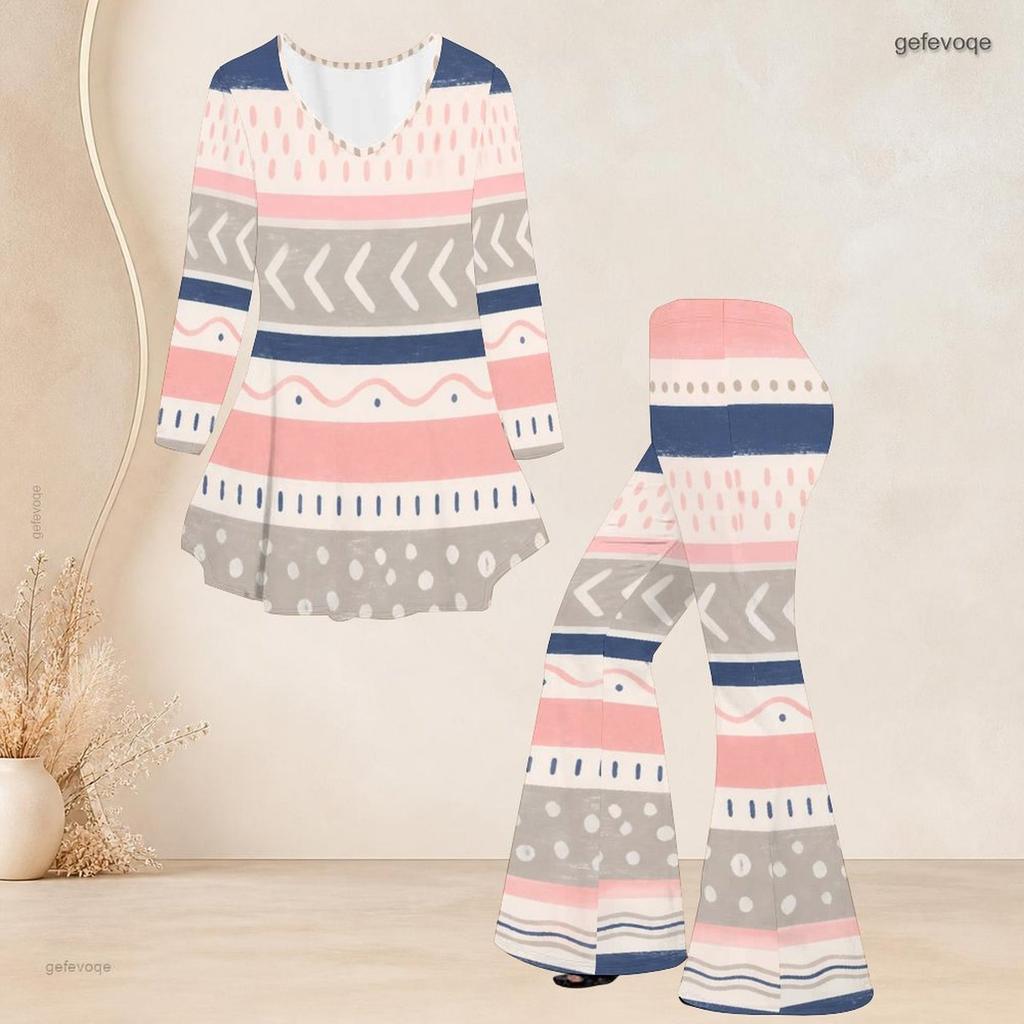 Women Plus Size Round Neck Three Quarter Sleeve Printed Flared Top Flared Pants Two Piece Set