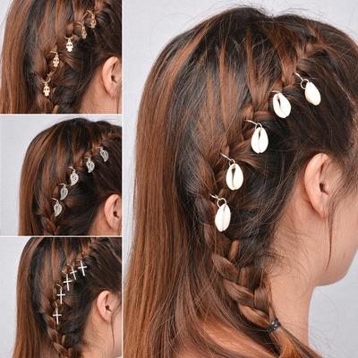 5/10 pezzi punk donne hip-hop treccia mano croce conchiglia foglia anello fermagli per capelli accessorio