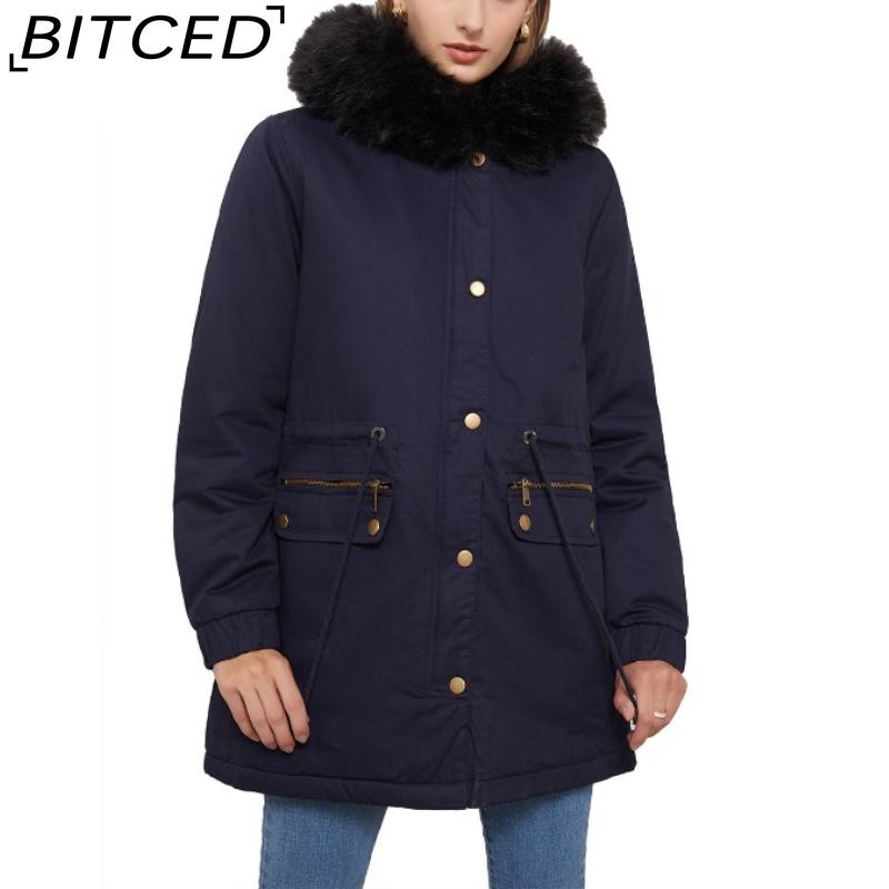BITCED Fall/Winter Puffer Jacket for Women with Fleece Lining, Fur Collar, Hooded Warm Coat, Loose-Fit Cotton Jacket