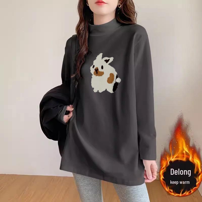 Plus Size Women's German Velvet Long Sleeve T-shirt: Loose Mid-Length Base Shirt for Early Spring, Autumn, and Winter.