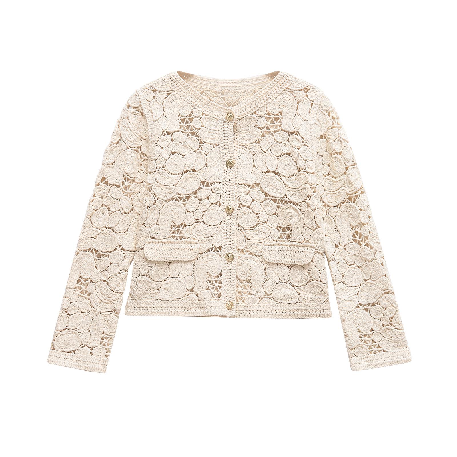 

2025 Весна Женский Европейский и Американский Стиль Плетение Узлом из Веревки Кардиган с Длинным Рукавом и Круглым Вырезом Large грязно-белый