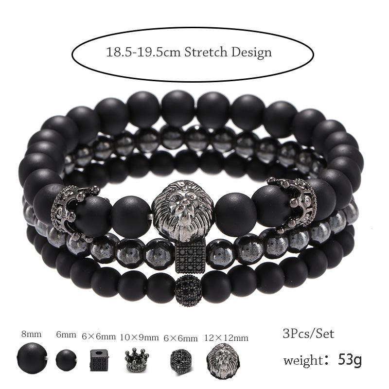 Vintage Schwarzes Mattes Armband Zirkon Krone Diamant Kugel Würfel Löwenkopf Perlenarmband Set