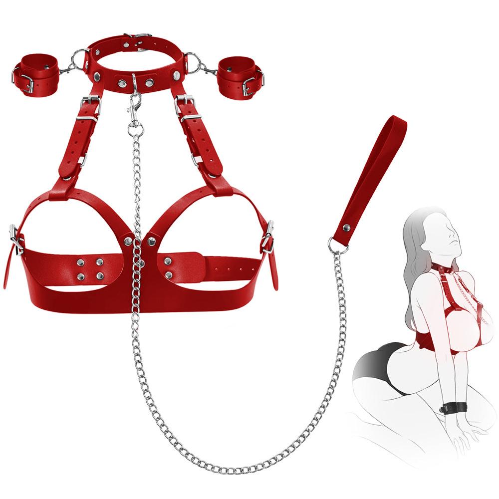 Sex Bondage Kit Sexy Breast Restraints Leather Harness Collars with Traction Chain Handcuffs Bondage Sex Toys For Adult SM Game