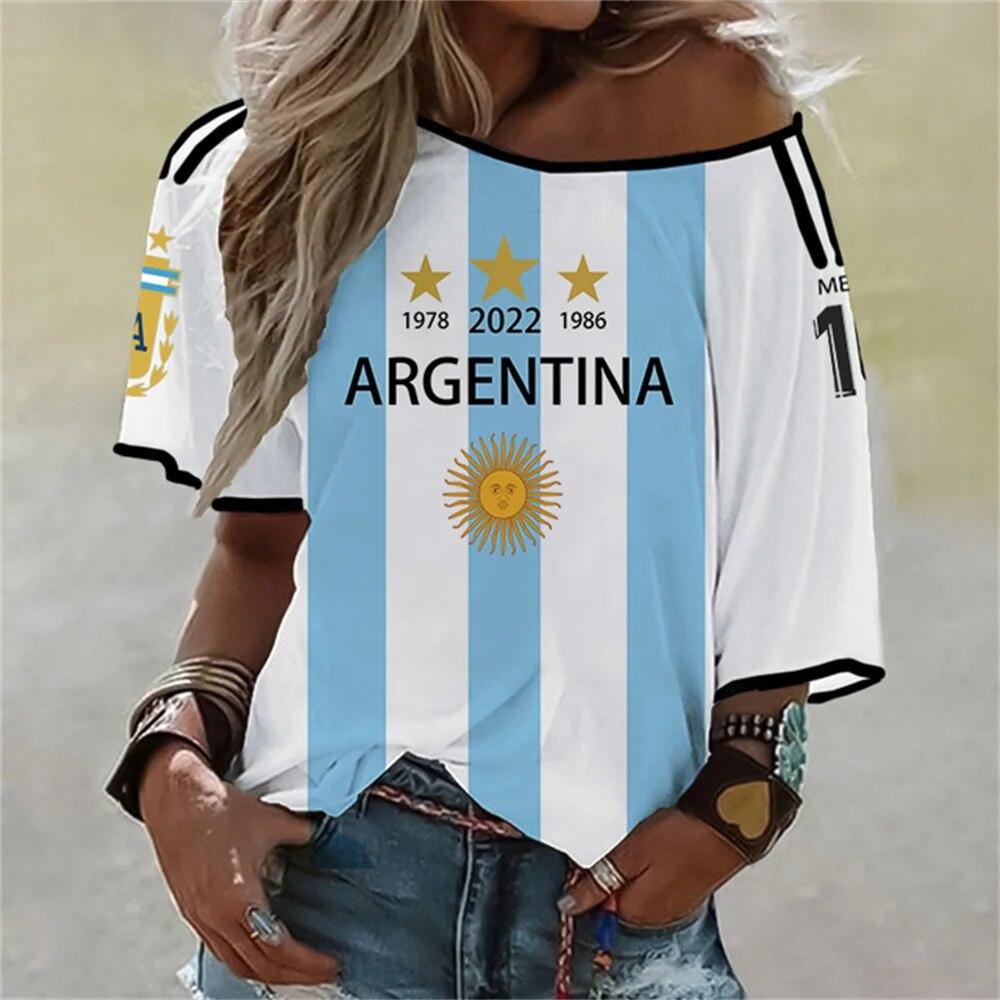 

2023 Summer Argentina 3 Stars Flag Painting T Shirt Loose Women s Brazil Abstract 3D Print Summer Off Shoulder Tops Shirt