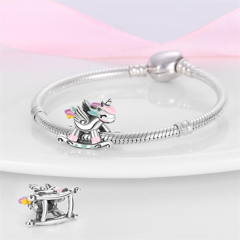 Sweet Romance 925 Silver Rainbow Unicorn Charms Beads Fit 3mm Bracelets DIY Jewelry Making Shining Dreamy