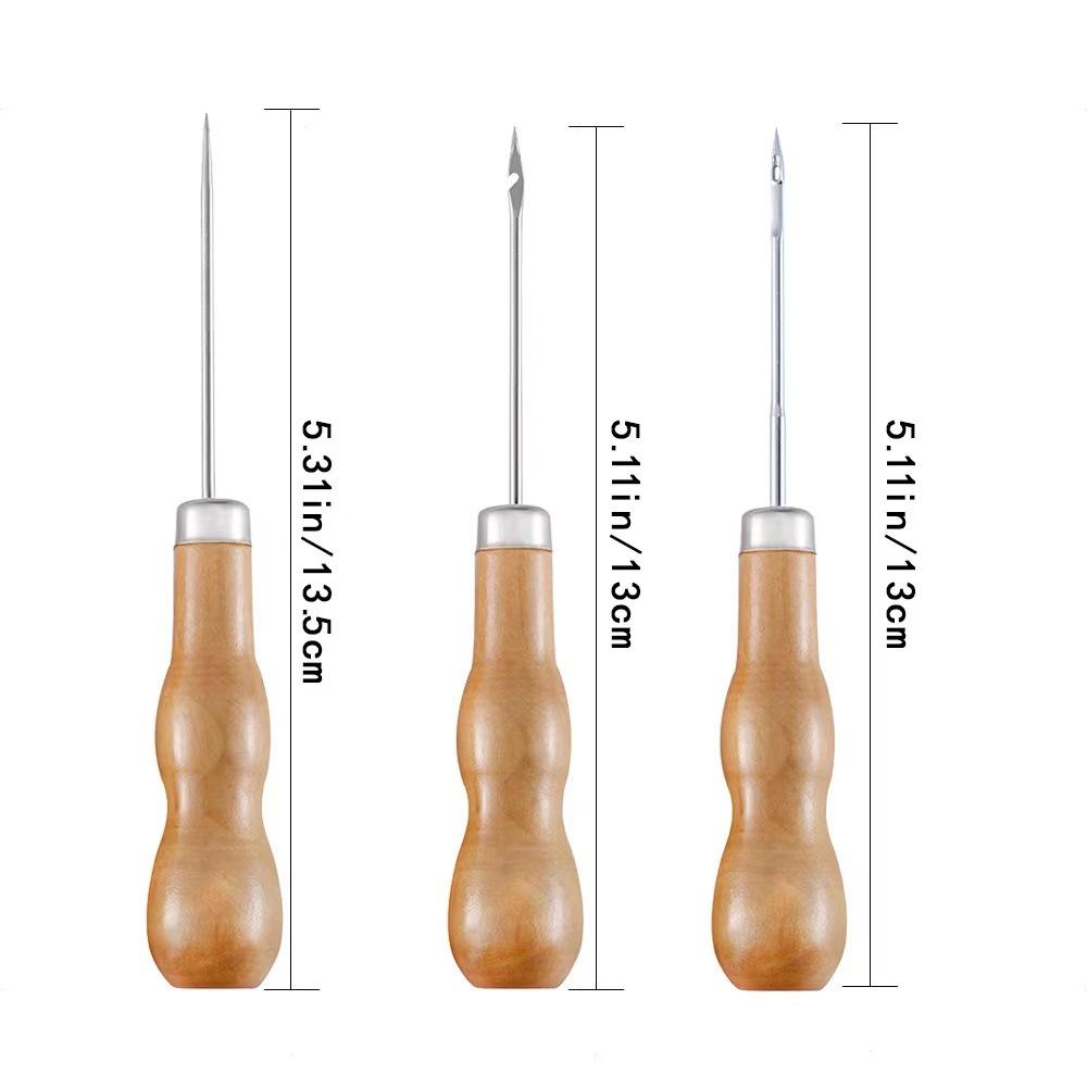 3PCS Durable Wooden Handle Hand Sewn Puncher, Shoe Repair Leather Specific Crochet Hook, Hand Sewn Auxiliary Accessories
