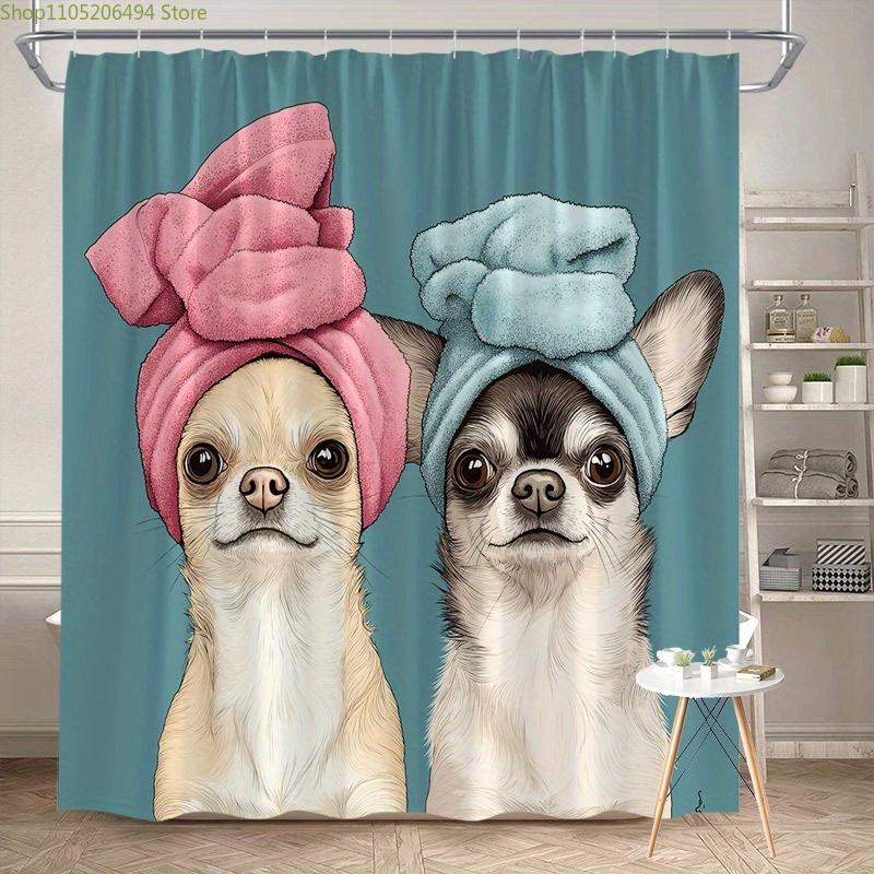 1pc Whimsical Chihuahuas with Towel Heads Digital Art Shower Curtain, Featuring Playful Cartoon Dogs with Large Eyes, Bathroom