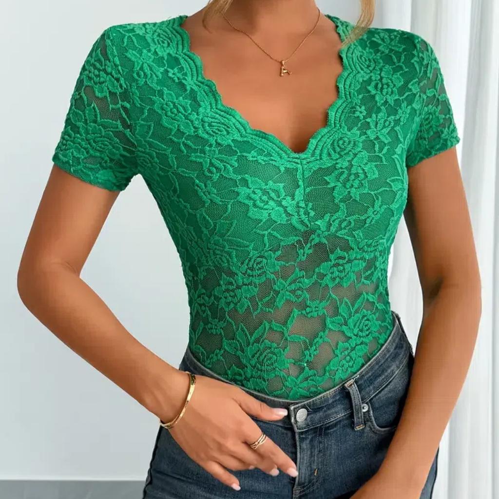 Elegant Women'S Red Lace V-Neck Short Sleeve Top Stretchy Form-Fitting Perfect for Spring & Summer Casual Wear Floral Print Top