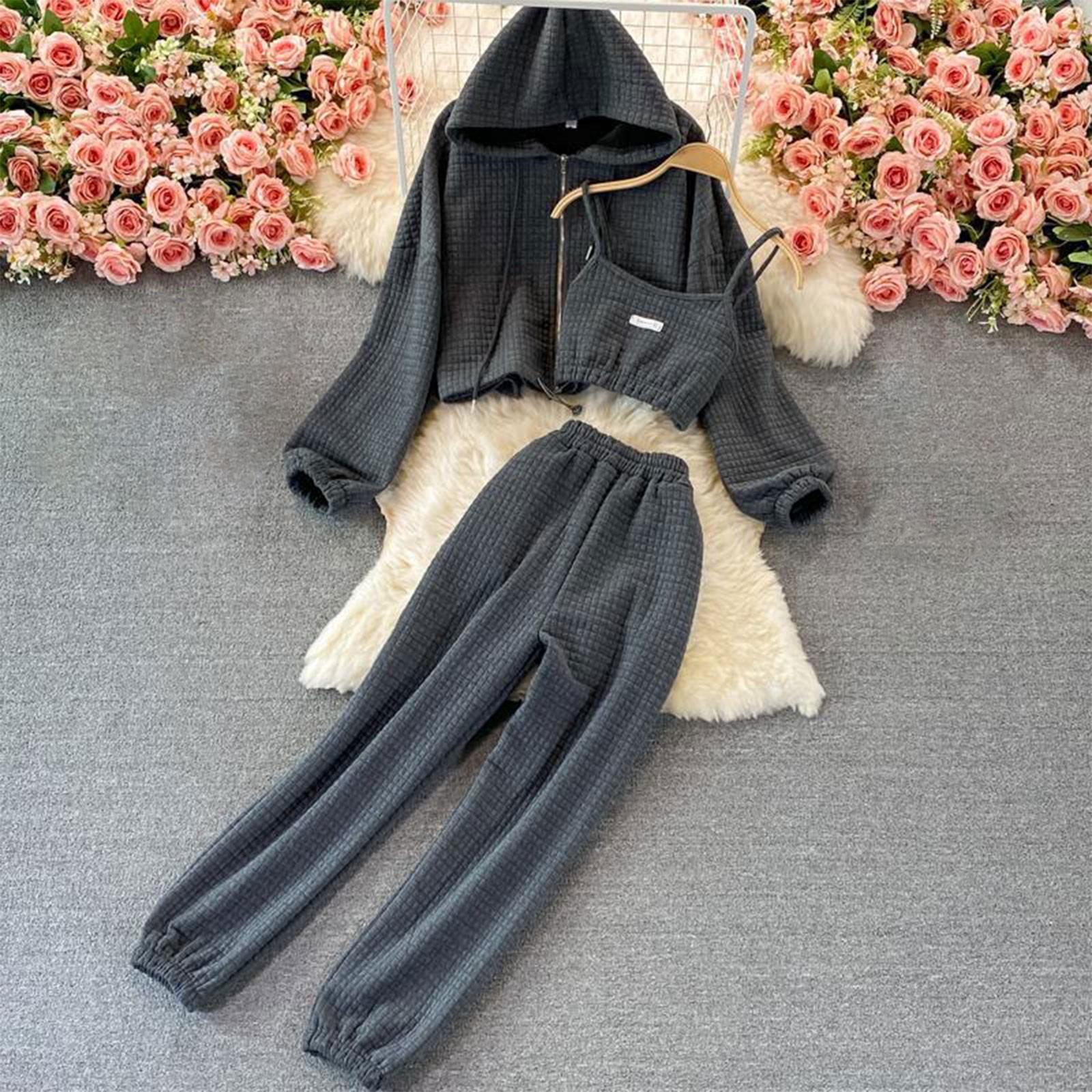 

Женская модная однотонная куртка на подтяжках с капюшоном и длинными рукавами, повседневные брюки, комплект из 3 предметов XL темно-серого