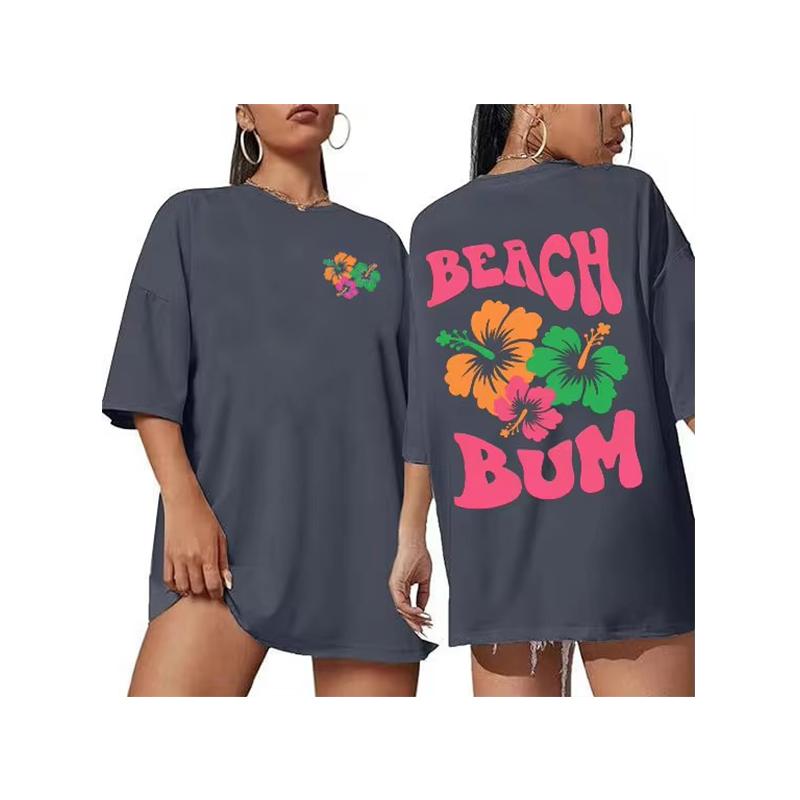 BEACH BUM 2024 Hot Sale Loose Round Neck Casual Short Sleeve Letter Print Half Sleeve T-shirt for Women