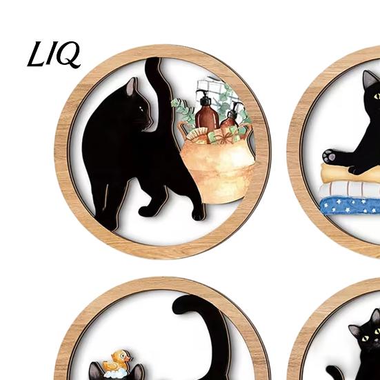 Rustic Wood Grain Art 4 Pcs Minimalist Black Cat Wall Art, Geometric Round Circle Wooden Non-toxic Coating Decor, Abstract Hanging Sign for