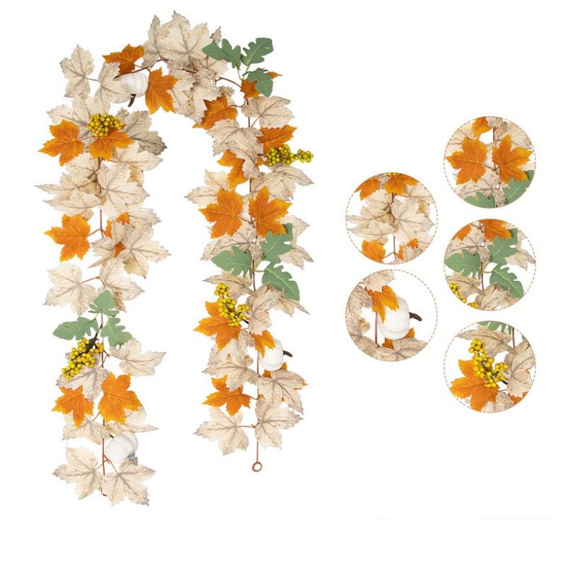 Fall Maples Leaves Garland Simulation Maple Leaf Pumpkin Berry Vine Wreath Thanksgiving Halloween Christmas Fireplace Decoration