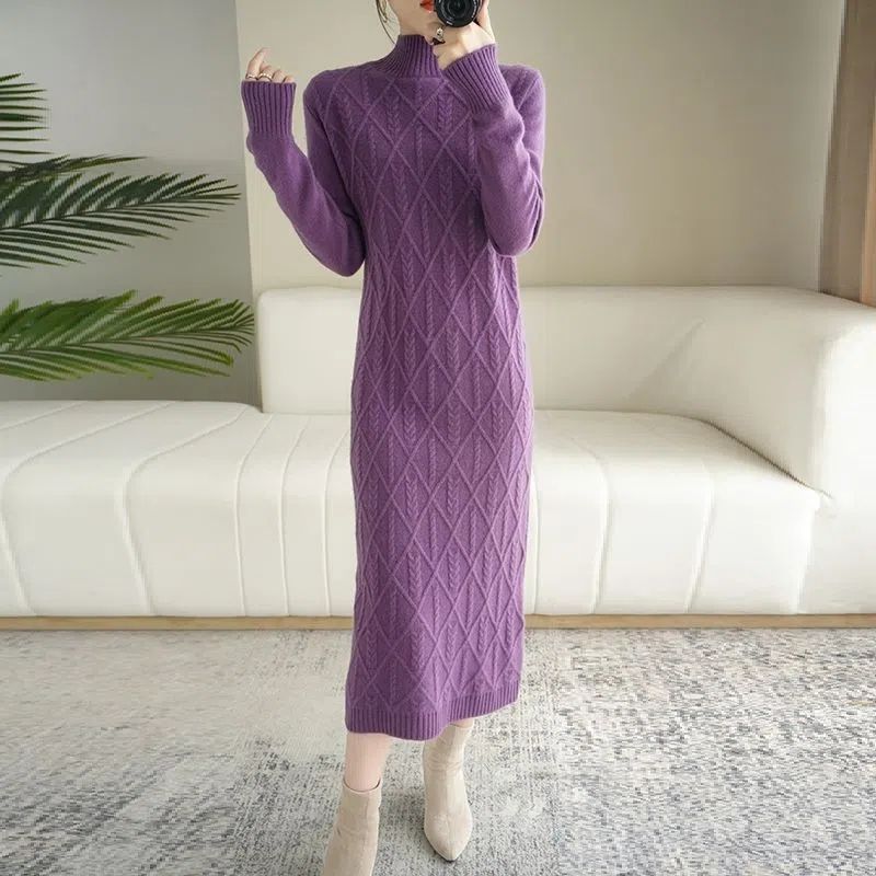 Half Turtleneck Sweater Dress for Women In Autumn and Winter Knee-length Sweater Long Dress Solid-colored Pullover Warm High-neck Knitted Dress