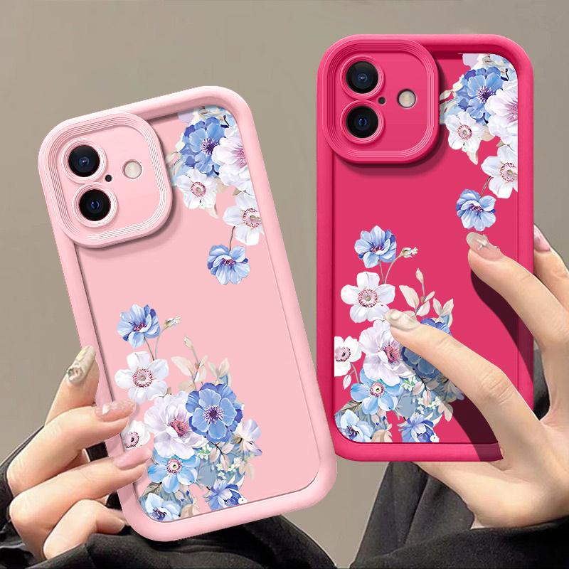 Prosty niebieski kwiatowy nadruk odporny na wstrząsy matowy futerał na telefon TPU do iPhone'a 16 Pro 15 Pro Max 14 Plus 13 12 11 XR XS 8 7 Ochrona obiektywu miękka tylna obudowa
