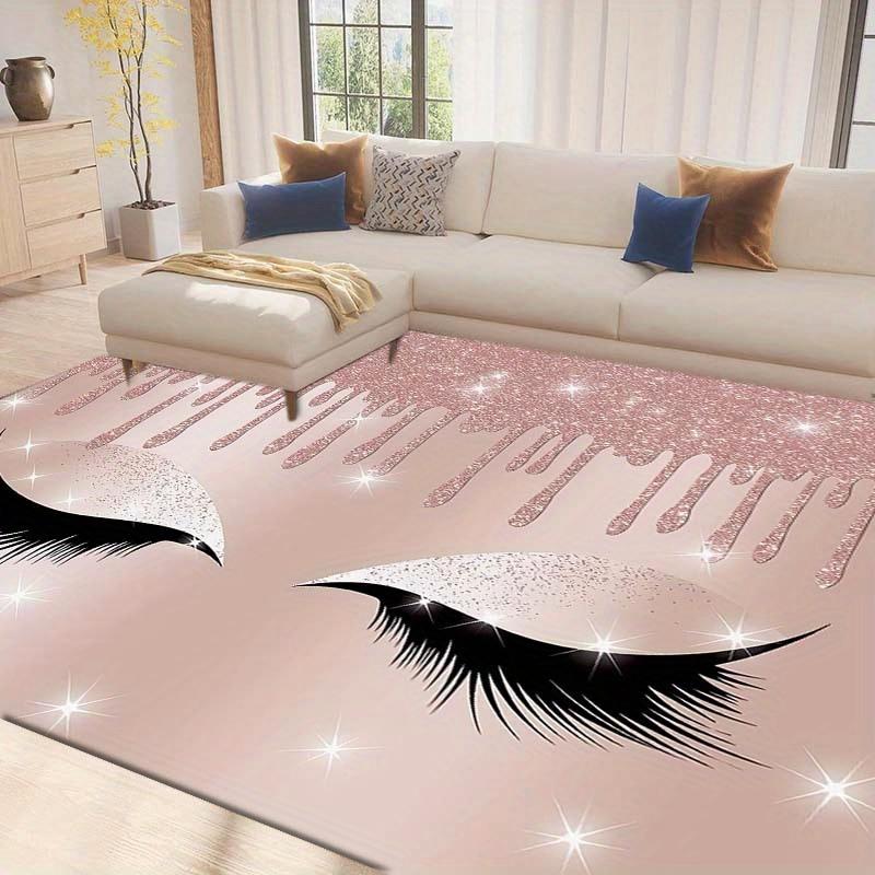 Glam Fashion Eyelash Themed Rug, Anti-Slip Mat with Rose Gold Glitter Design Vanity Room Bedroom,Chic Makeup Decorative Carpet