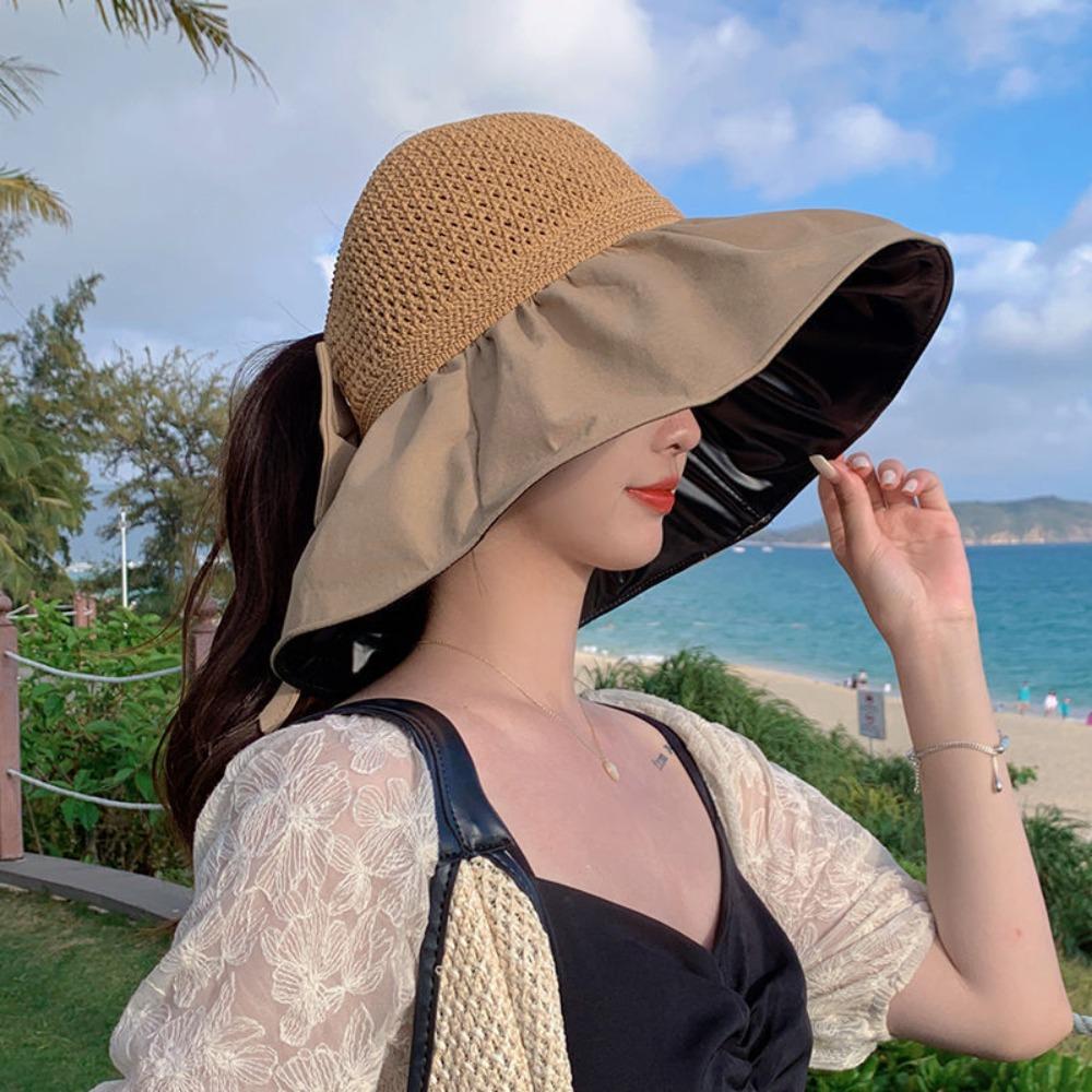 Sunscreen Wide Brim Bucket Hat Bow Vinyl Sun Hats Retro Woven Empty Top Cap  Summer