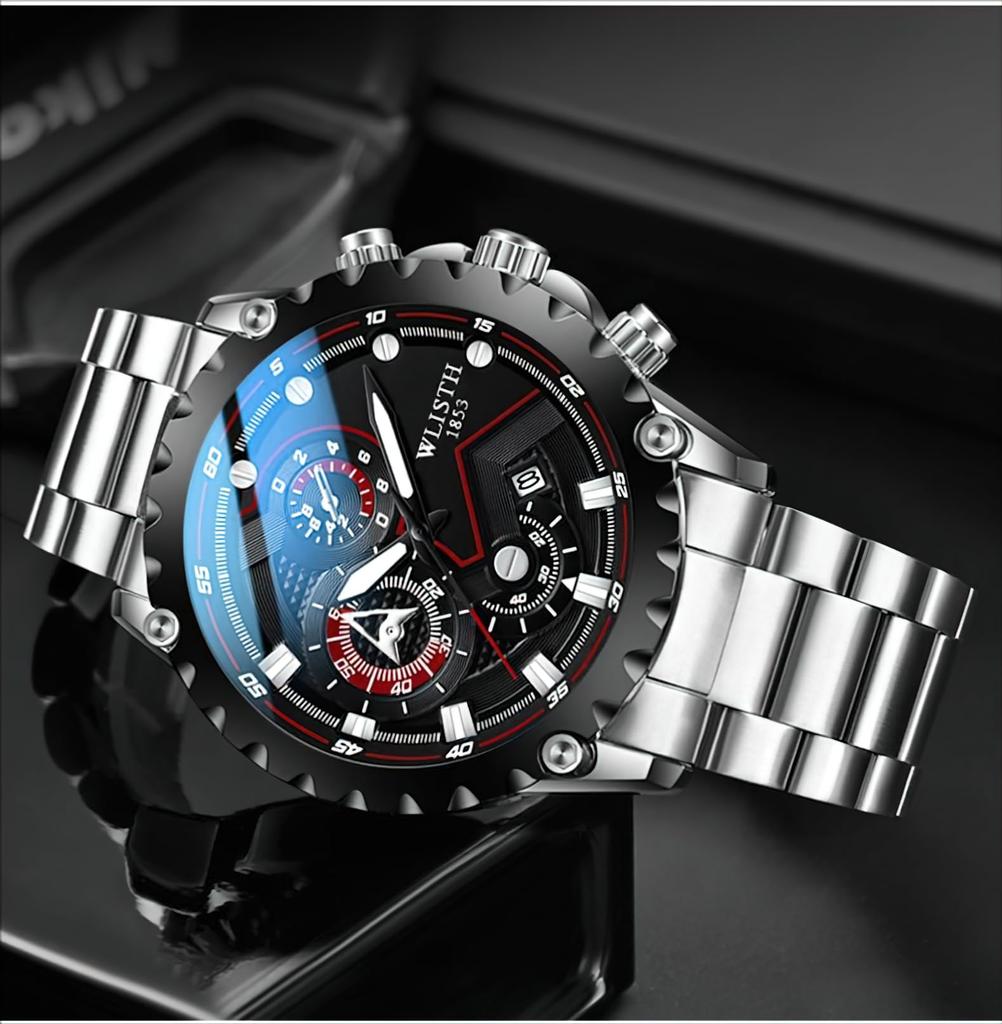 Stylish Analog Watch with Waterproof Calendar and Stainless Steel Black Band and Black Dial Men's Strap,