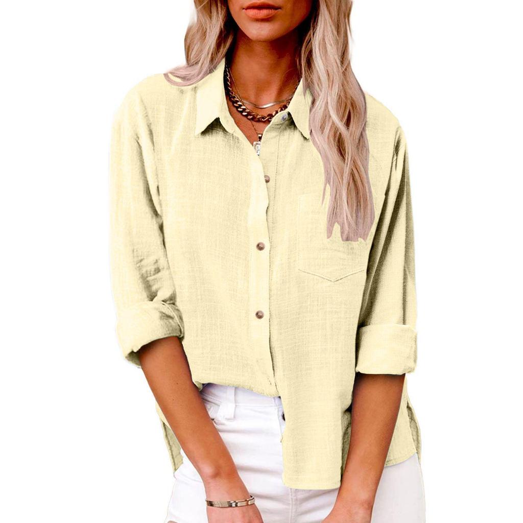 Autumn 2025 Women's Loose Fit Button-Up Cotton Linen Long Sleeve Top with Plain Color and Lapel