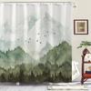 Watercolor Mountain Forest Shower Curtain,Nature Misty Foggy Sage Green Tree Landscape Art Shower Curtains with 12Hooks Bathroom
