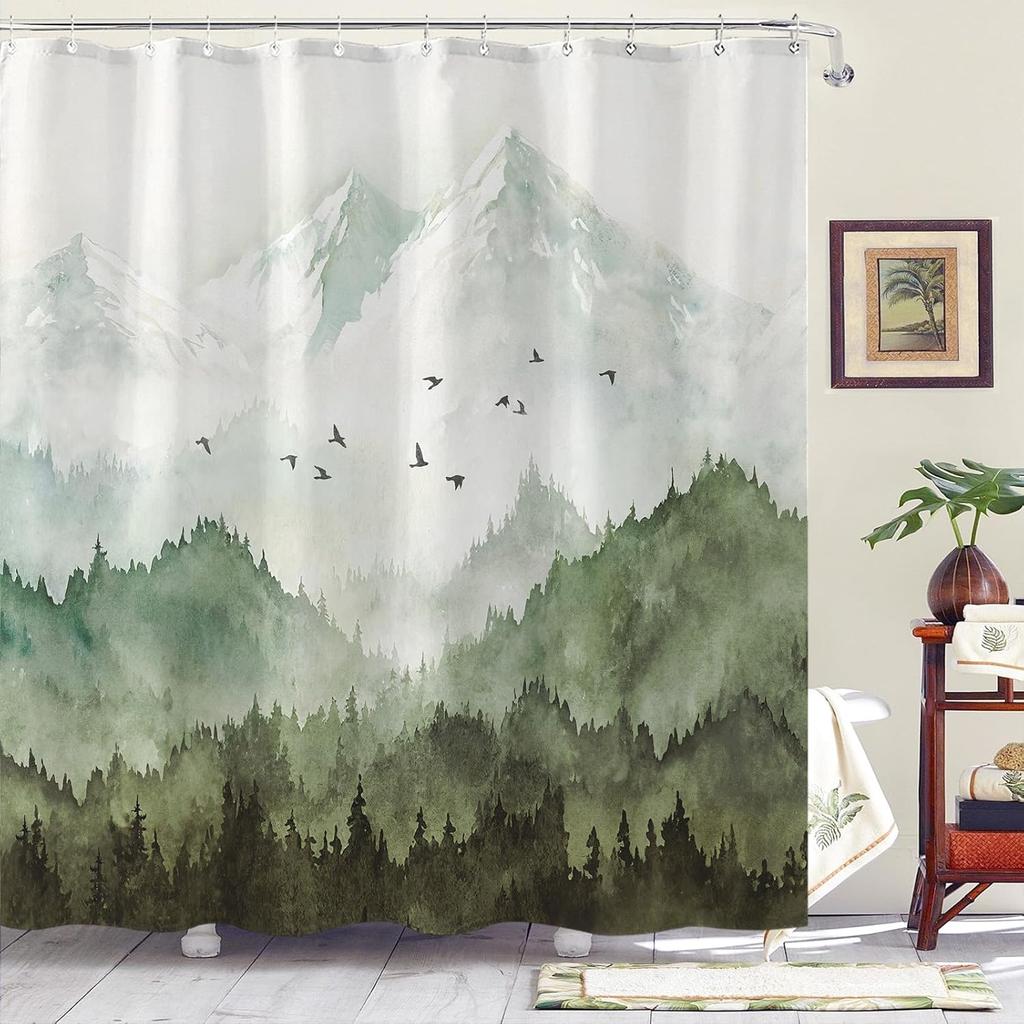 Watercolor Mountain Forest Shower Curtain,Nature Misty Foggy Sage Green Tree Landscape Art Shower Curtains with 12Hooks Bathroom