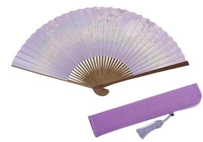 Kyoto-style Fan, Cherry Blossom Pattern, Purple, Carved Clove Wood, Double-sided Design, Handmade by Kyoto Craftsmen, Fan Case Included, In