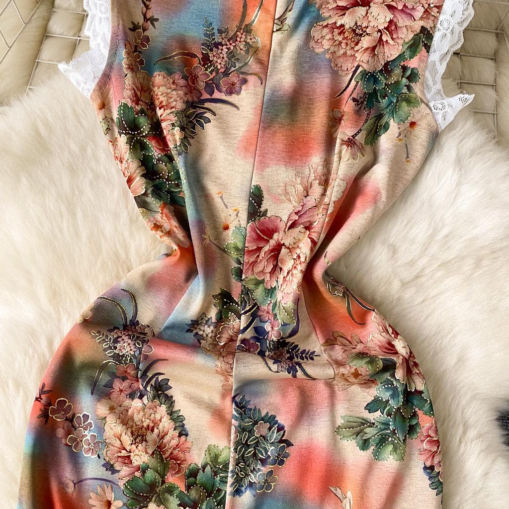 Damskie Sukienki Cheongsam z Nadrukiem, Bez Rękawów, Dopasowane, z Rozcięciem, Koronkowe Wstawki, Zapinane na Guziki