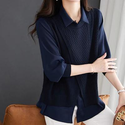 Hemd für Damen, Übergröße, Baumwolle, lockere Bluse, zweiteilig, lässig, langärmelig, Pullover, Umlegekragen