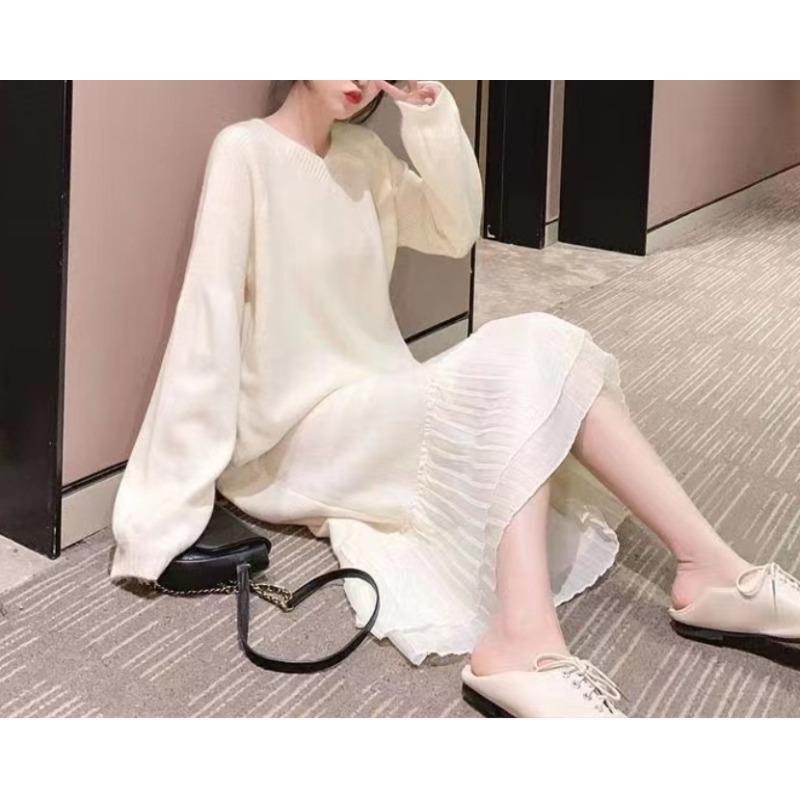 Autumn New Loose Large Size Knee Knitted Skirt Medium and Long Slim Splicing Inner Sweater Long Skirt