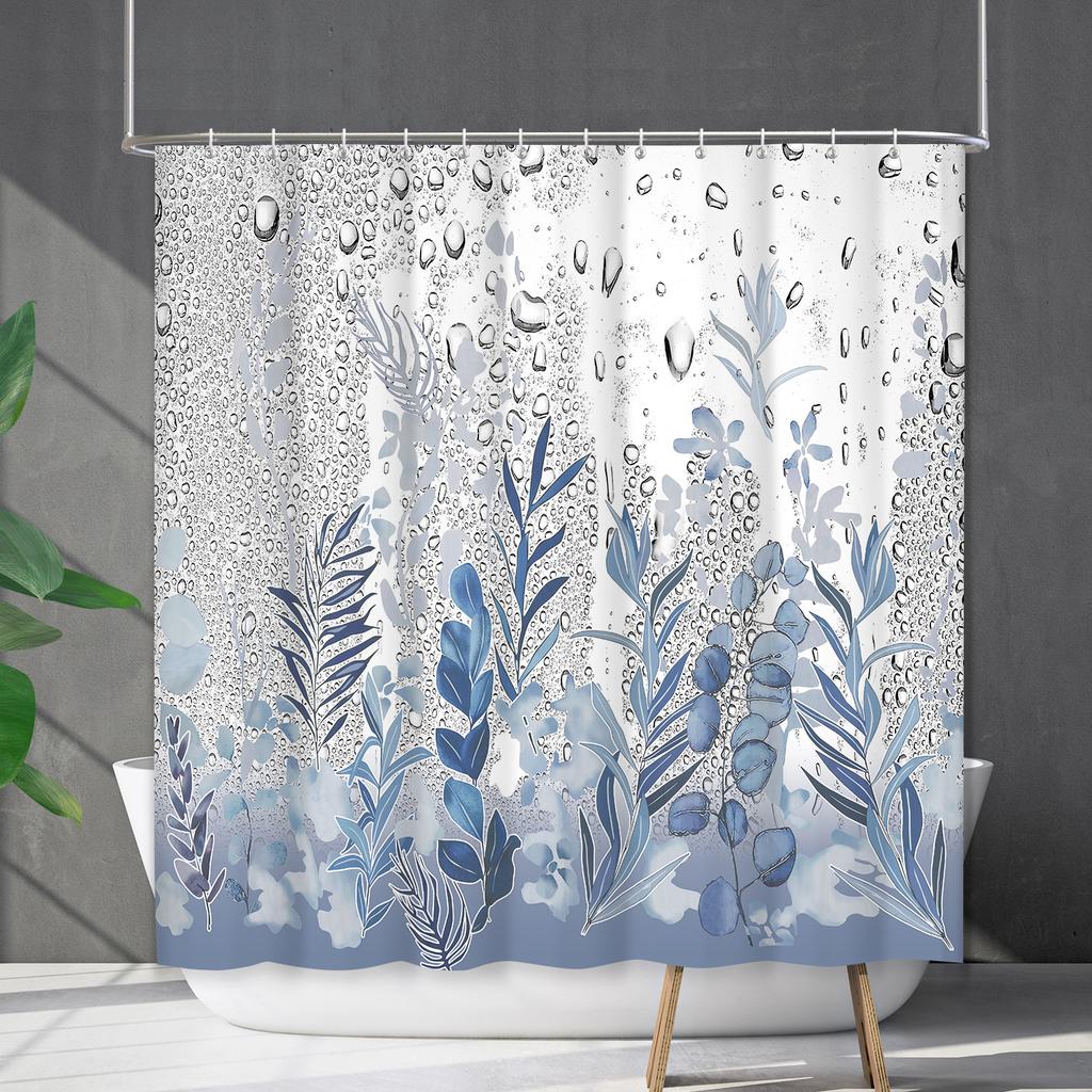 Bathroom Curtain Waterproof Shower Curtain Digital Printing Water Droplets Plant Diffuse Non-Punching Toilet Partition Curtain Shower Cloth