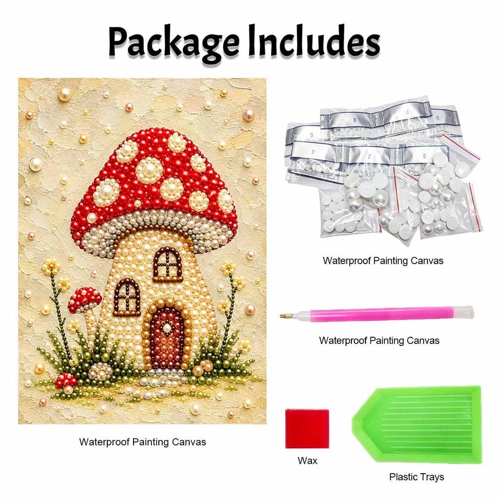 Mushroom House Pearl Art Kit with Frame 3D Sparkling Bead Canvas Relaxing Craft for Cozy Room Wall Decor, Elegant DIY Pearl Painting Home Art