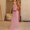 Women Boho Sexy Backless Matching Suit 2 Piece Beach Holiday Outfits Vintage Ruched Halter Cami Tops + Maxi Long Skirt Party