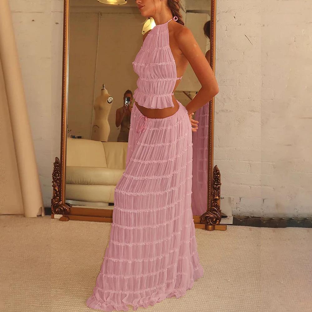 Women Boho Sexy Backless Matching Suit 2 Piece Beach Holiday Outfits Vintage Ruched Halter Cami Tops + Maxi Long Skirt Party