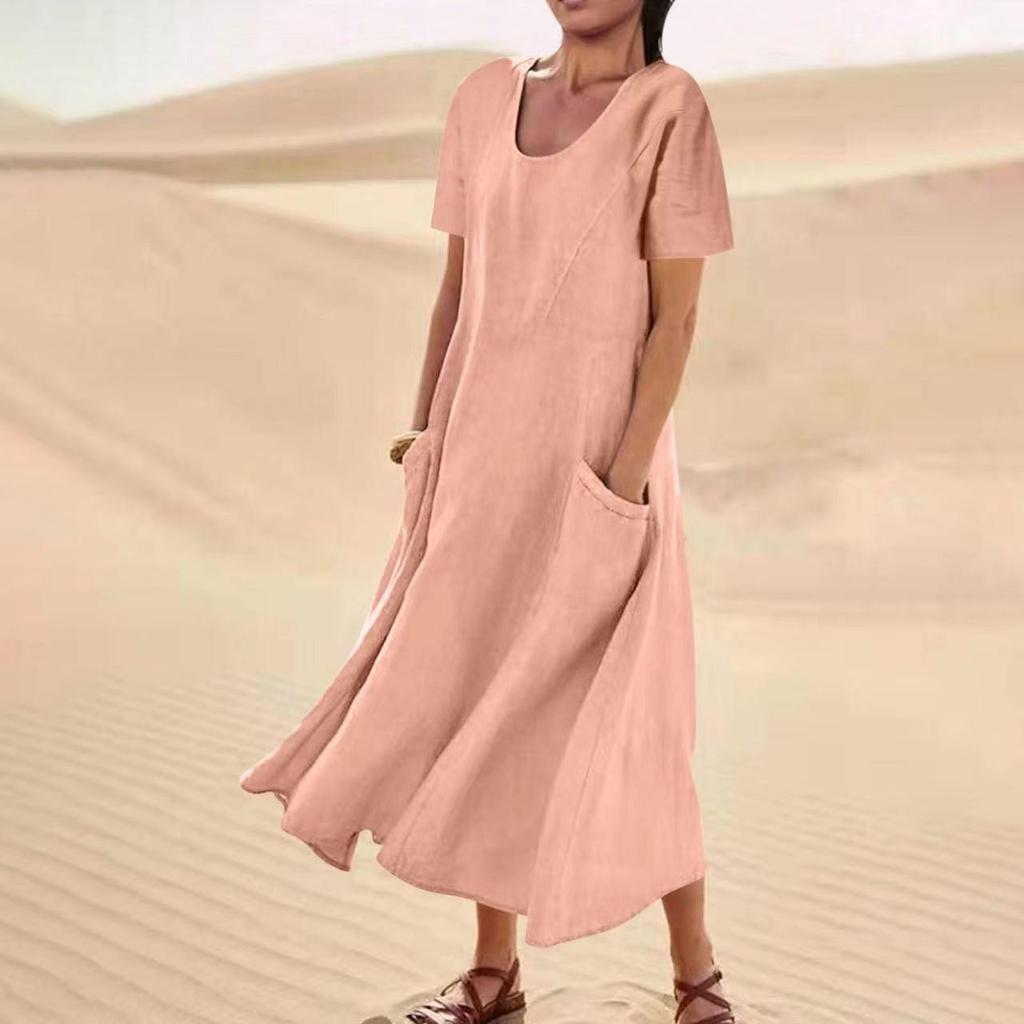 Women's Solid Color Round Neck Short Sleeve Loose Hem Dress
