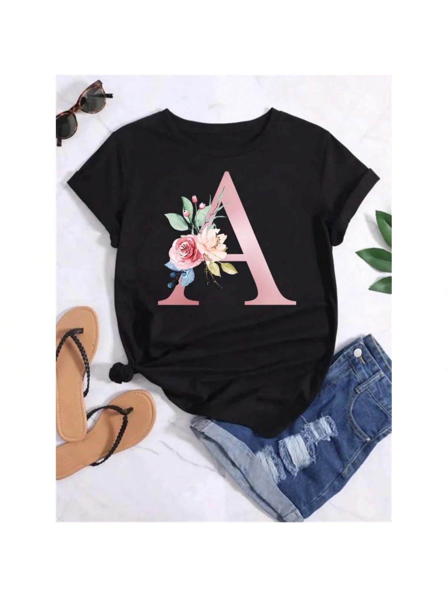 Maycaur Custom Name Letter Combination Fashion Wounisex T-Shirt Pink Flower Letter Font A-Z Short Sleeve Tops Black T-Shirt Female S разноцветный