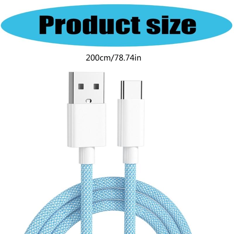 High Efficiency 2m Type C Charging Cable Power Adapter Line Wire Cord for Smartphone Earbud Braided Design Easy to Use