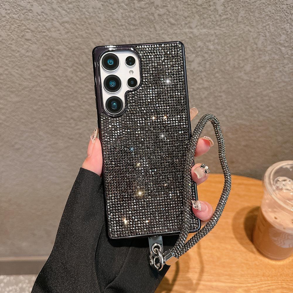 Custodia Lussuosa in Pelle con Diamanti Bling per Samsung S25 Ultra S24 Plus S23 S22 S21 S25U Copertura Protettiva con Glitter Bling Tracolla