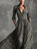 Women's Autumn Vintage Plaid Maxi Dress Elegant Graceful V-Neck French Style Long Dress