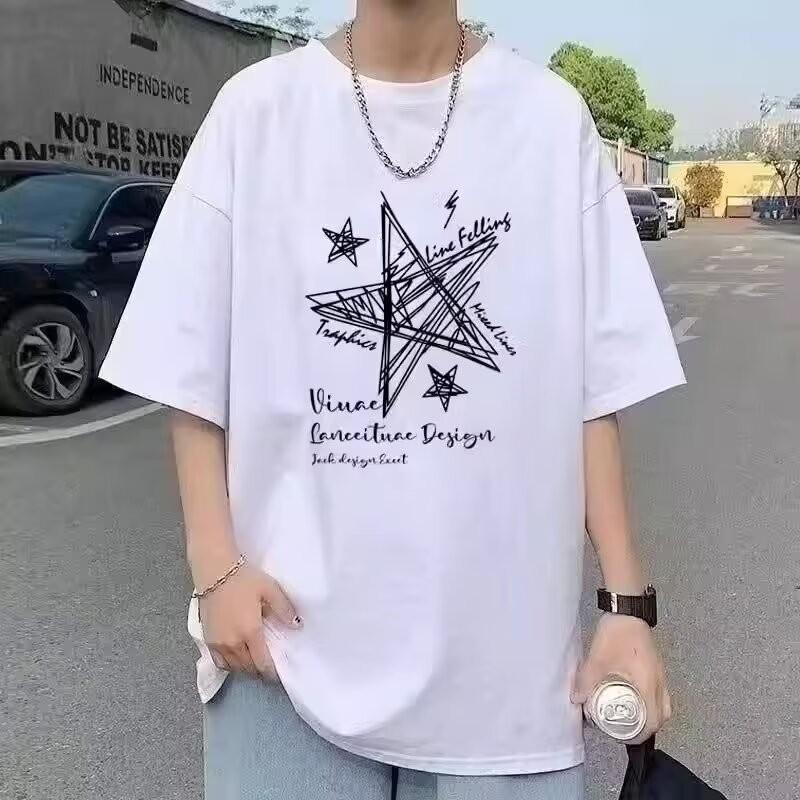 Summer limited edition men's oversized T-shirt Line stars printed T-shirt suitable for both men and women