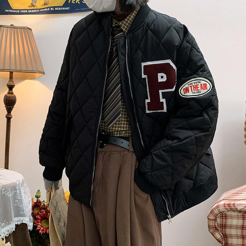 

2025 New American Retro Down Padded Jacket Diamond Plaid Baseball Uniform Loose Jacket Women s Autumn and Winter Model XL чорний