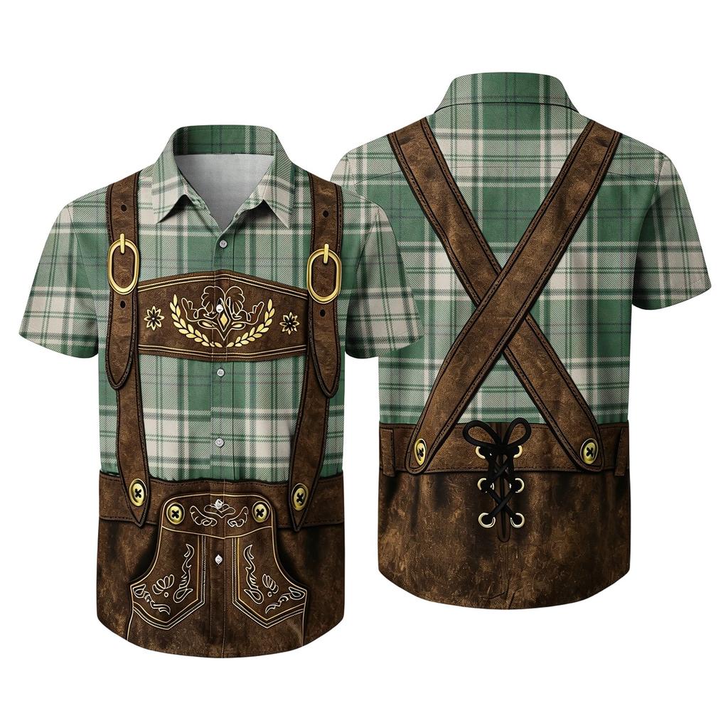 Men’s Short Sleeve Button Down Shirt with Vintage Festival Print Relaxed Fit Casual Party and Everyday Wear Top
