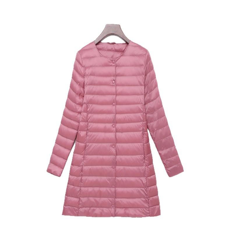 New down jacket women's light, medium and long fashion and thin dark button round neck warm jacket