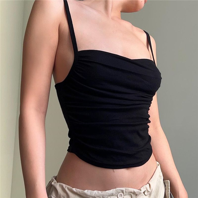 Fashionable Simple Sexy Off Shoulder Pleated Camisole Women's Summer Slim Midriff Baring Short Top
