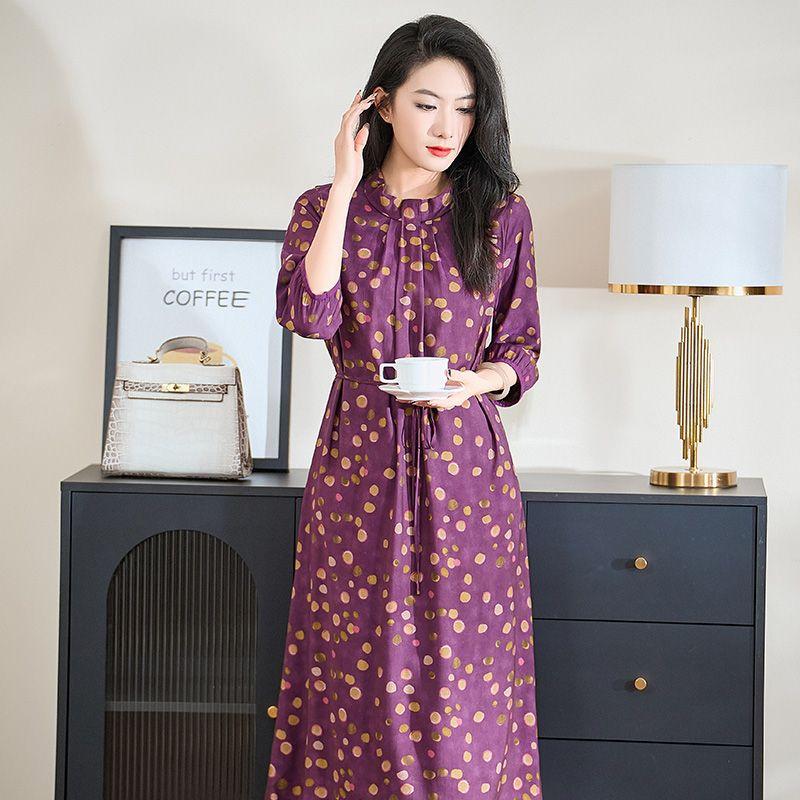 

Dioufu Spring New Long sleeve dress Light Luxury Western Style Light Luxury Cloud Brocade Retro Fashion Purple Fireworks Skirt Purple XL