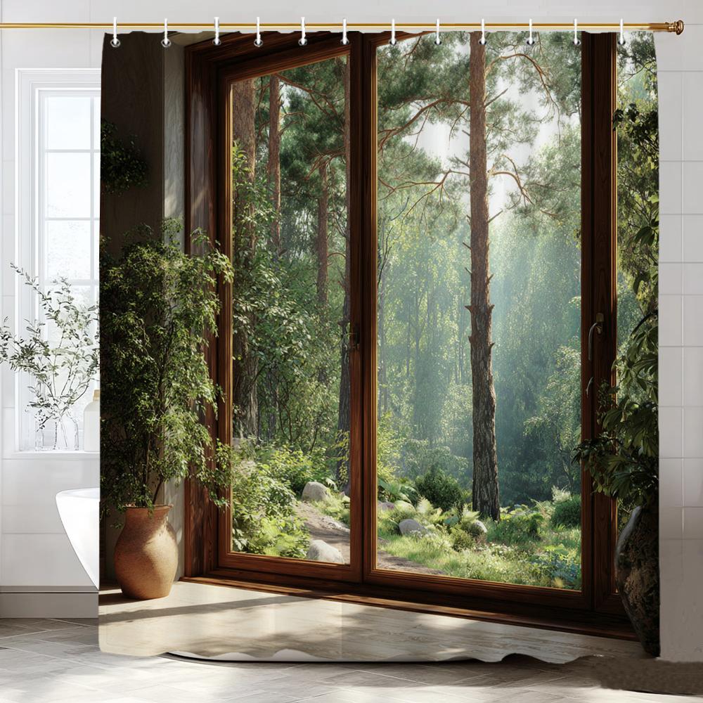 1 Piece Natural Forest Scenery Outside The Window Shower Curtain, Bathroom Decorative Shower Curtain,Home Curtain With Hooks