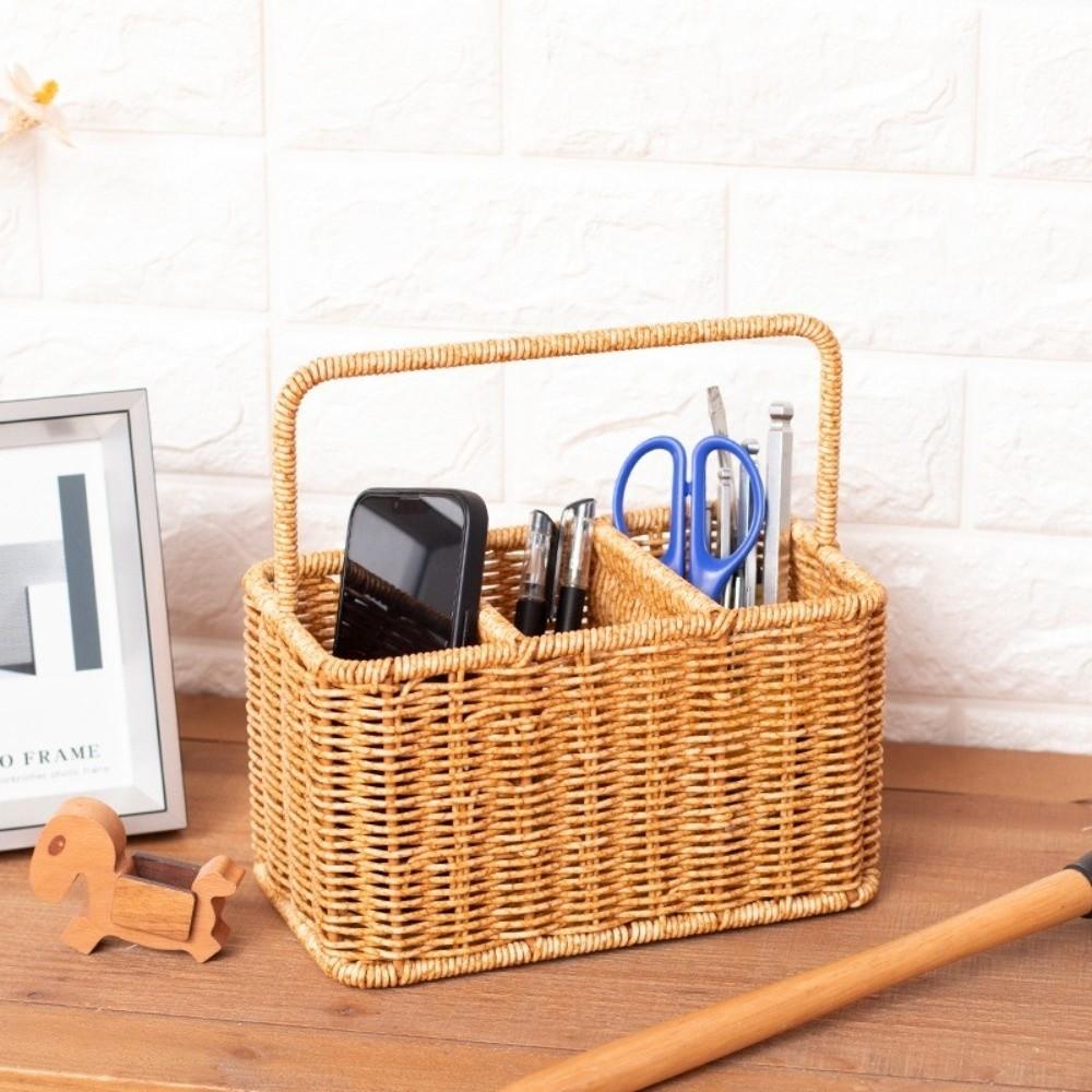 Large Capacity Woven Basket Space Saving Easy Clean Storage Tray with Handle Woven Weaving Utensil Organizer Basket