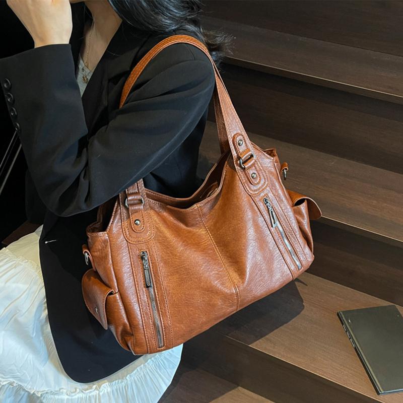 Solid Zipper Dual Main Pockets High Capacity Handbag For Women Sewing Thread PU Fashion Ladies Bag Shoulder Bag