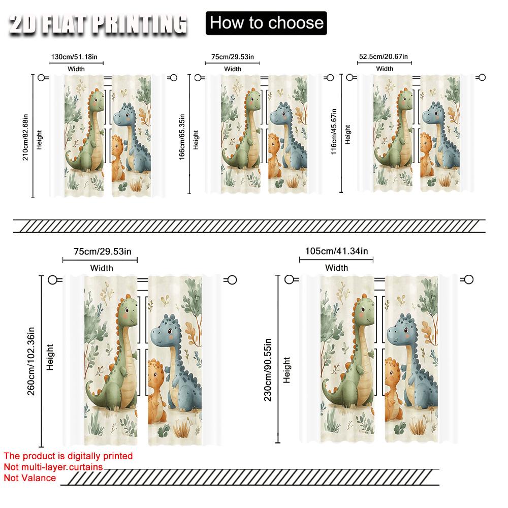 2pcs 2D Flat Printing Scene Curtain Cute Dinosaur Watercolor 100% Polyester Without Electricity Festive Curtains Perfect for